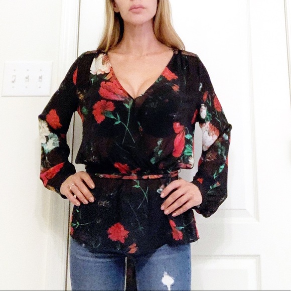 Express shirt black sheer flowered tie back blouse - Picture 6 of 6